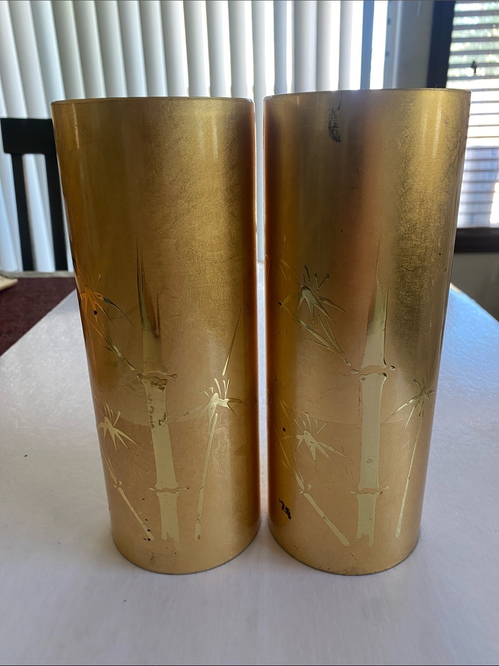 OMC Gold Bamboo Decorative Cylindrical 9”x3.25” Vase Pair - Home Accents